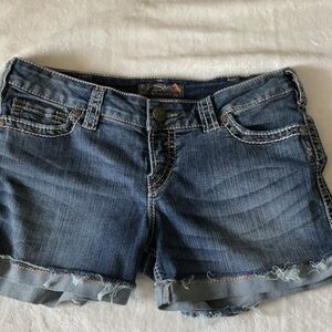 Silver Jeans Blue Jean Shorts with Distressed Hem